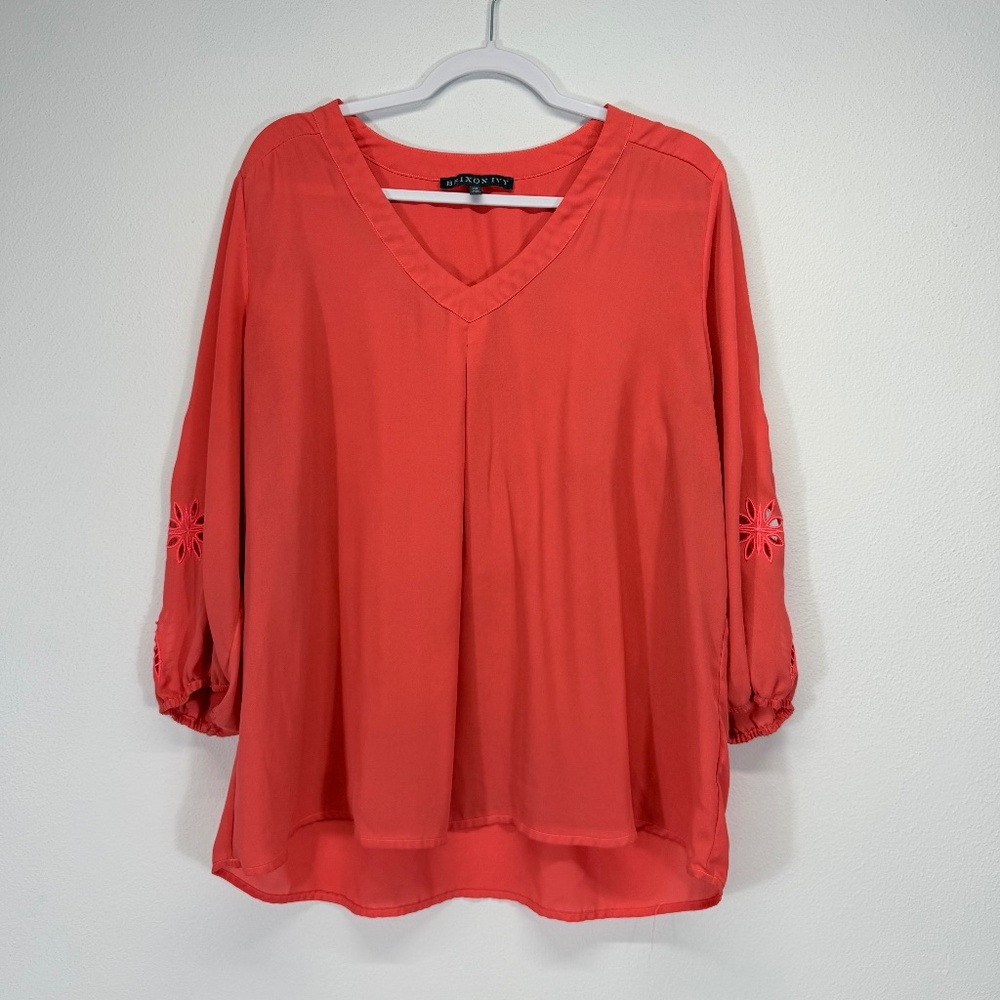 Brixon Ivy 3/4 Cut Out Sleeve Chiffon Semi Sheer Coral Orange Blouse Size XXL